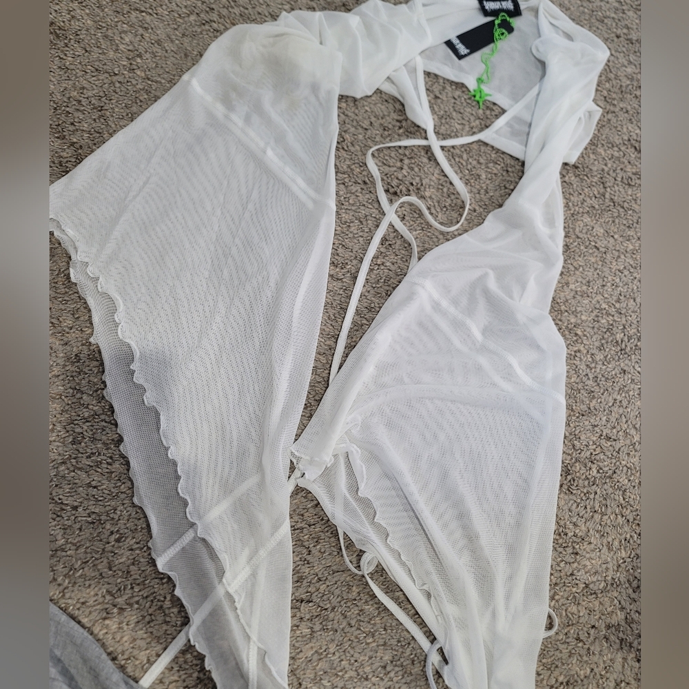 Dolls Kill Darker Wavs Echo Asymmetrical Strappy Dress White Mesh Bell Sleeves M - Picture 6 of 9